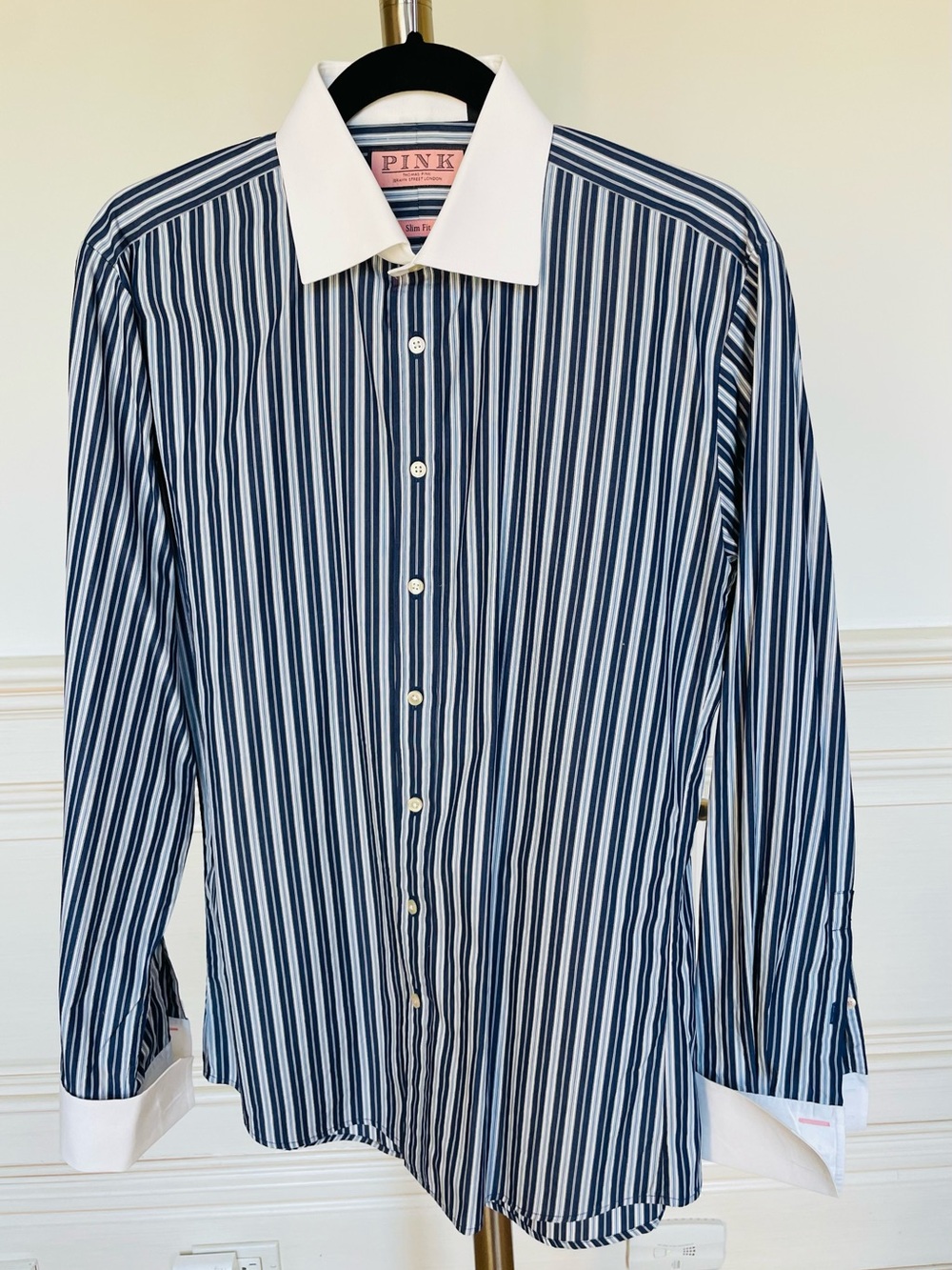 Thomas Pink Navy/White Striped Dress Shirt w White Contrast Collar/French Cuffs